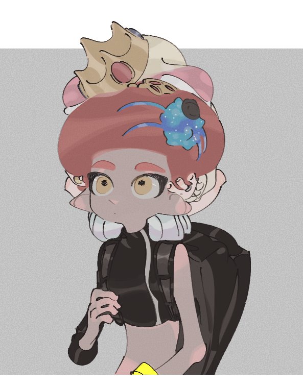 1boy 1girl afro agent_8 asymmetrical_sleeves black_shirt carrying grey_background hime_(splatoon) octarian octoling ows28888888 pointy_ears redhead shirt short_hair shoulder_carry simple_background splatoon splatoon_2 splatoon_2:_octo_expansion squidbeak_splatoon tag tentacle_hair turtleneck yellow_eyes