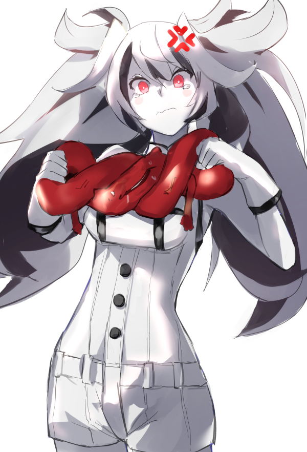 1girl anger_vein blush_stickers breasts buttons closed_mouth cowboy_shot enemy_lifebuoy_(kantai_collection) escort_water_hime gloves hair_between_eyes kantai_collection long_hair medium_breasts pale_skin red_eyes shinkaisei-kan solo tearing_up twintails weasel_(close-to-the-edge) white_background white_gloves white_hair