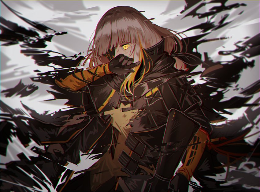 1girl assault_rifle bangs blonde_hair braid cloak corruption covering_mouth eyepatch floating_hair gloves gun hand_up holding holding_gun holding_weapon jacket long_hair m16a1 m16a1_(girls_frontline) mole mole_under_eye multicolored_hair necktie rifle sangvis_ferri scar shirt silence_girl single_braid solo spoilers streaked_hair torn_clothes weapon white_hair wind wind_lift