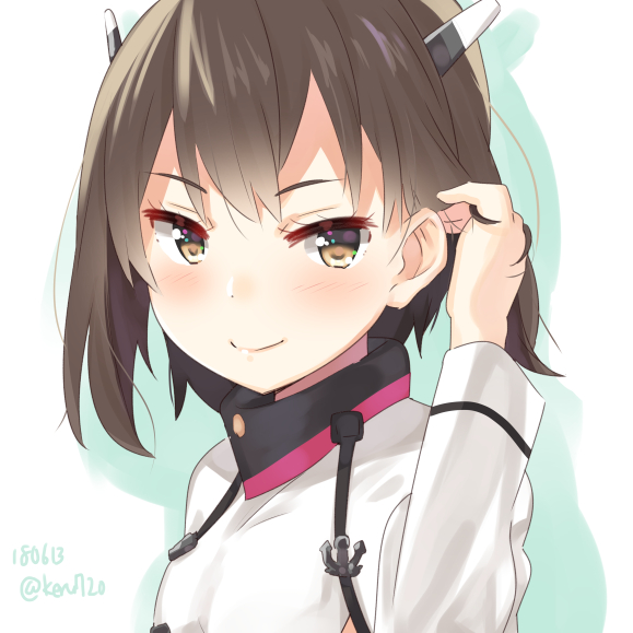 1girl blush brown_eyes brown_hair dated headgear kantai_collection long_sleeves shirt short_hair simple_background smile solo taihou_(kantai_collection) tonari_no_kai_keruberosu twitter_username upper_body white_background white_shirt