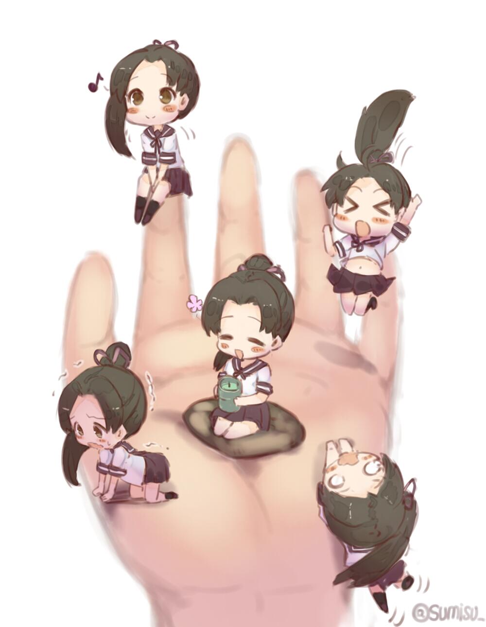 &gt;_&lt; 5girls :d =_= all_fours ayanami_(kantai_collection) between_legs blush_stickers brown_eyes brown_hair commentary_request cup cushion eighth_note green_tea hand_between_legs hanging_on happy highres in_palm jumping kantai_collection midriff minigirl multiple_girls musical_note navel o_o on_finger open_mouth pleated_skirt ponytail pov pov_hands scared school_uniform seiza serafuku signature sitting skirt smile sumisu_(mondo) sweatdrop tea tea_stalk trembling twitter_username wavy_mouth yunomi zabuton