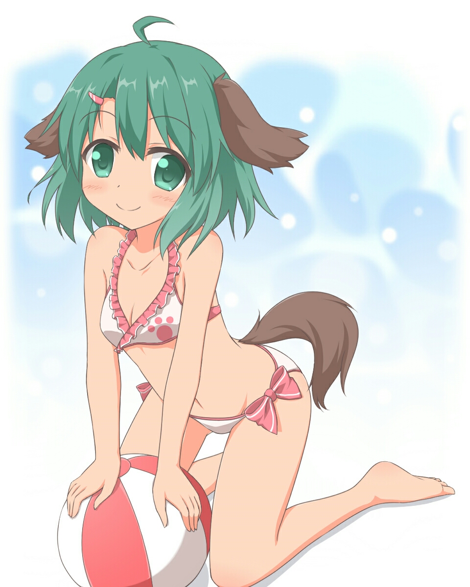 1girl ahoge animal_ears ball beachball bikini blue_background blush breasts cleavage collarbone eyebrows_visible_through_hair frilled_bikini_top gradient gradient_background green_eyes green_hair hair_between_eyes hair_ornament hairclip highres kasodani_kyouko kneeling looking_at_viewer navel on_ground paw_print shino_megumi short_hair side-tie_bikini small_breasts smile solo swimsuit tail touhou