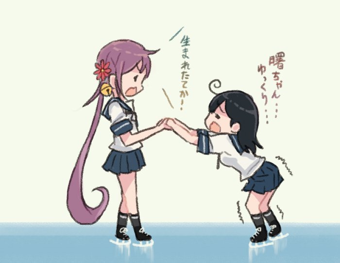 2girls ahoge akebono_(kantai_collection) bell black_hair black_legwear blue_sailor_collar blue_skirt closed_eyes flower hair_bell hair_flower hair_ornament hand_holding helping ice_skates ice_skating jingle_bell kantai_collection kneehighs long_hair multiple_girls neck_ribbon otoufu pleated_skirt purple_hair ribbon sailor_collar school_uniform serafuku short_sleeves side_ponytail skates skating skirt translation_request ushio_(kantai_collection) very_long_hair