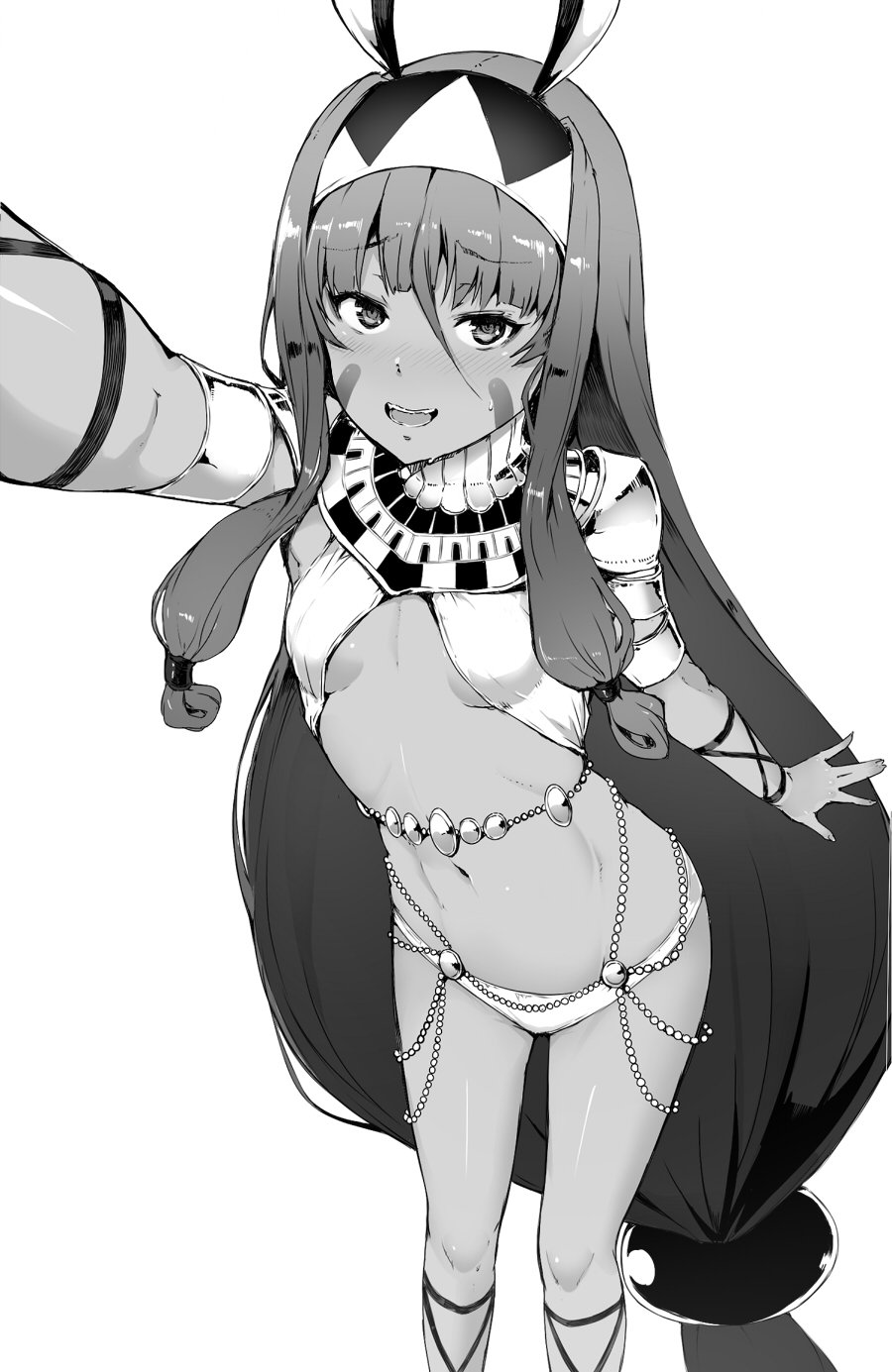 1girl :d absurdly_long_hair ankle_lace-up blush breasts commentary_request cross-laced_footwear dark_skin facial_mark fate/grand_order fate_(series) hair_between_eyes highres long_hair low-tied_long_hair monochrome navel nitocris_(fate/grand_order) open_mouth reaching_out self_shot sidelocks simple_background small_breasts smile solo sumisu_(mondo) under_boob usekh_collar very_long_hair white_background