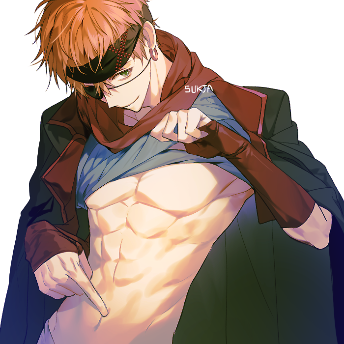 1boy abs artist_name coat d.gray-man earrings eyepatch green_eyes head_tilt index_finger_raised jewelry lavi male_focus navel orange_hair pointing shirt_lift short_hair smile solo sukja white_background