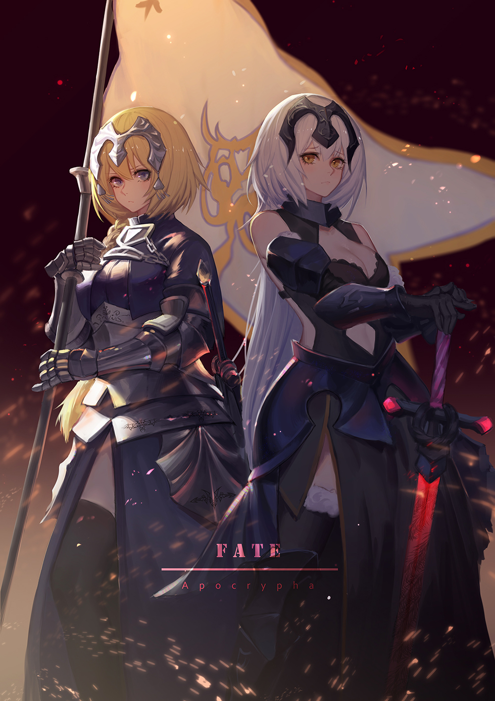 2girls armor armored_dress bangs banner bare_shoulders black_dress black_gloves black_legwear blonde_hair blue_dress blue_eyes blurry bracer braid breasts chains cleavage closed_mouth collarbone depth_of_field dress elbow_gloves eyebrows_visible_through_hair fate/apocrypha fate/grand_order fate_(series) faulds fur-trimmed_gloves fur-trimmed_legwear fur_trim gauntlets gloves grey_hair hair_between_eyes hand_on_hilt hand_on_shoulder headpiece highres holding jeanne_d'arc_(alter)_(fate) jeanne_d'arc_(fate) jeanne_d'arc_(fate)_(all) long_dress long_hair looking_at_viewer medium_breasts multiple_girls navel_cutout plackart planted_sword planted_weapon pre_(17194196) sheath sheathed single_braid sleeveless sleeveless_dress sparks standing sword thigh-highs very_long_hair weapon yellow_eyes