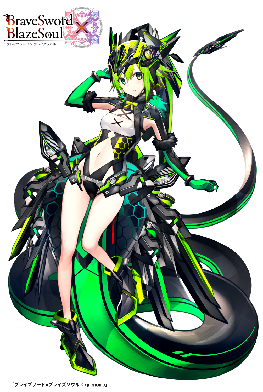 1girl black_footwear bracelet brave_sword_x_blaze_soul breasts copyright_name elbow_gloves full_body gloves green_eyes green_gloves green_hair hand_up headwear highres jewelry legacy_zechs looking_at_viewer mecha mecha_musume navel official_art science_fiction short_hair small_breasts standing tail watermark