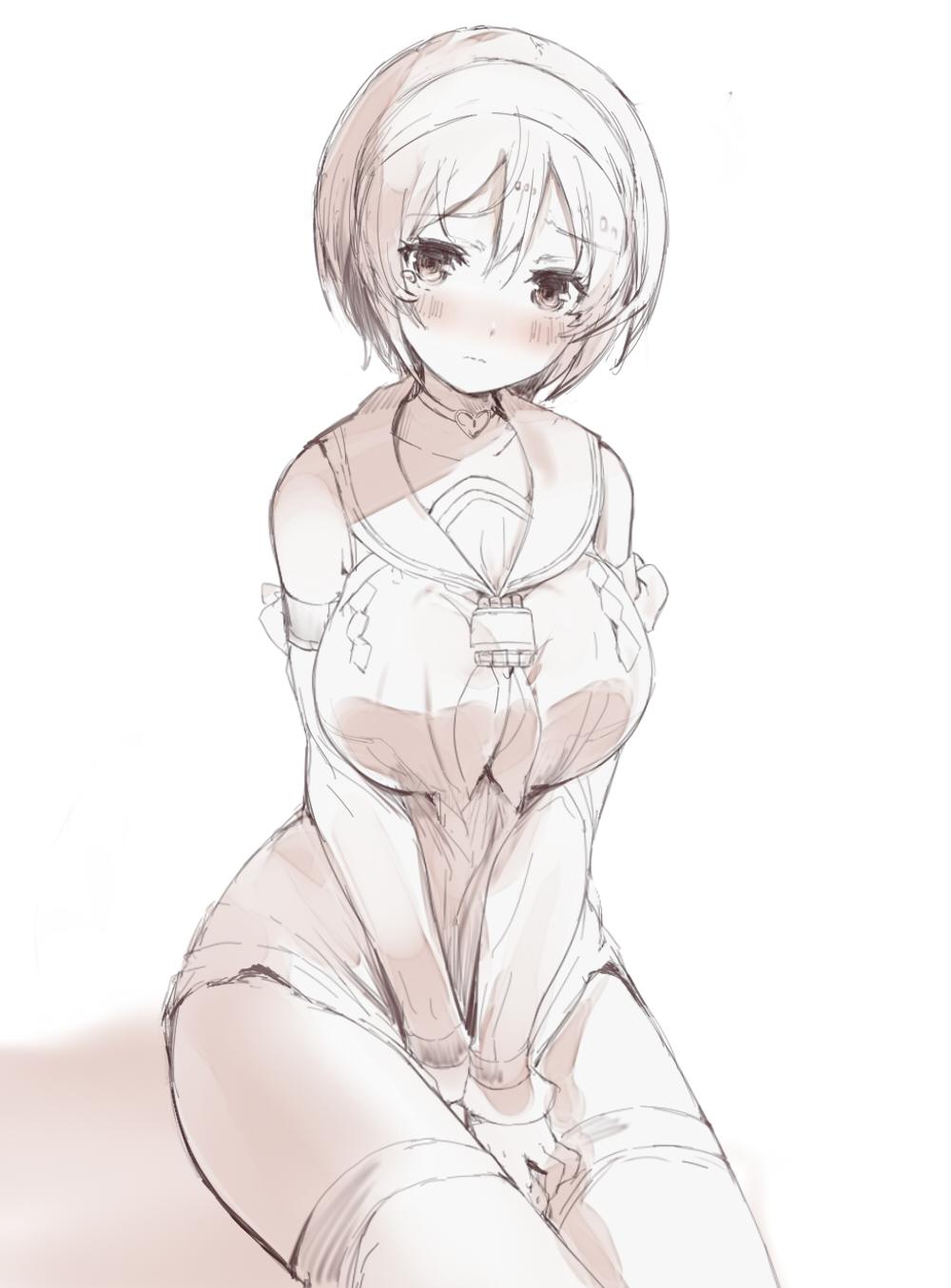 1girl between_legs blush breasts choker commentary detached_sleeves hairband hand_between_legs highres kantai_collection large_breasts monochrome natori_(kantai_collection) short_hair sketch solo sumisu_(mondo) tears thigh-highs wavy_mouth