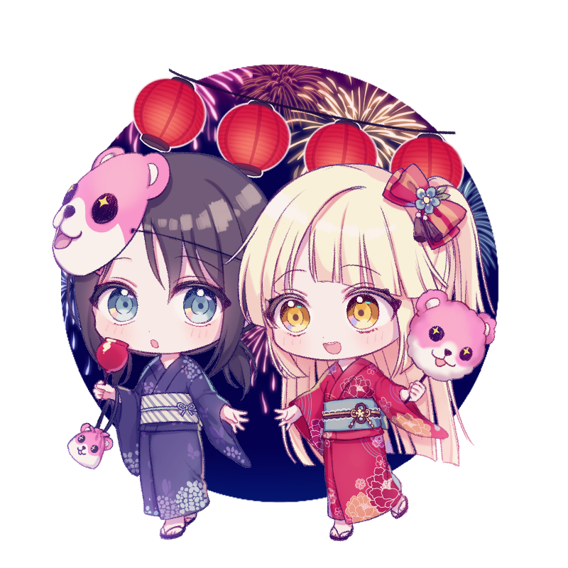 +_+ 2girls :3 :d :o alternate_hairstyle bang_dream! bangs black_hair black_kimono blonde_hair blue_eyes candy_apple character_mask chibi cotton_candy eyebrows_visible_through_hair festival fireworks food holding holding_food imminent_hand_holding japanese_clothes kimono lantern long_hair long_sleeves low_twintails mask mask_on_head michelle_(bang_dream!) multiple_girls no_socks obi okusawa_misaki one_side_up open_mouth paper_lantern pouch poyo_(shwjdddms249) red_kimono sandals sash smile tsurumaki_kokoro twintails walking wide_sleeves yellow_eyes