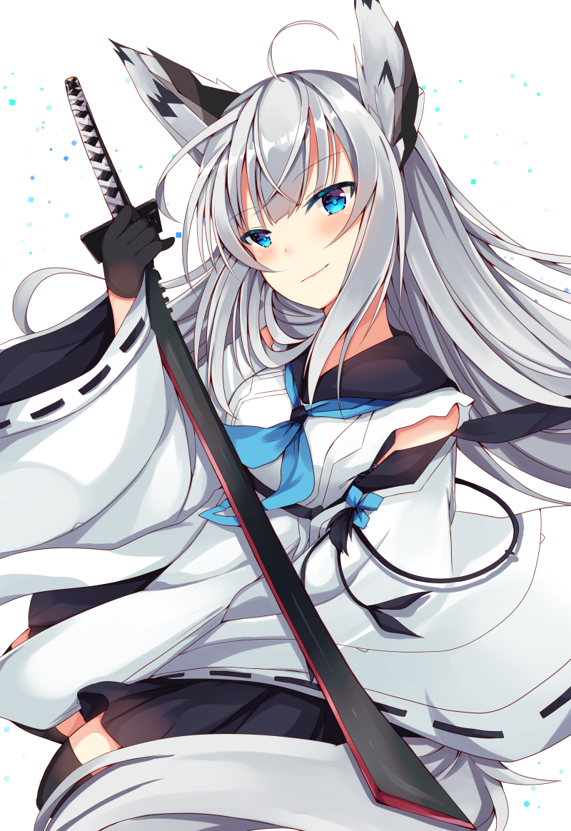 1girl animal_ears azur_lane bangs black_gloves black_sailor_collar black_skirt blue_eyes blue_neckwear blush breasts closed_mouth eyebrows_visible_through_hair floating_hair gloves holding holding_sword holding_weapon kawakaze_(azur_lane) long_hair maki_soutoki neckerchief pleated_skirt sailor_collar shirt sidelocks silver_hair skirt small_breasts smile solo sword thigh-highs weapon white_shirt wind wind_lift zettai_ryouiki