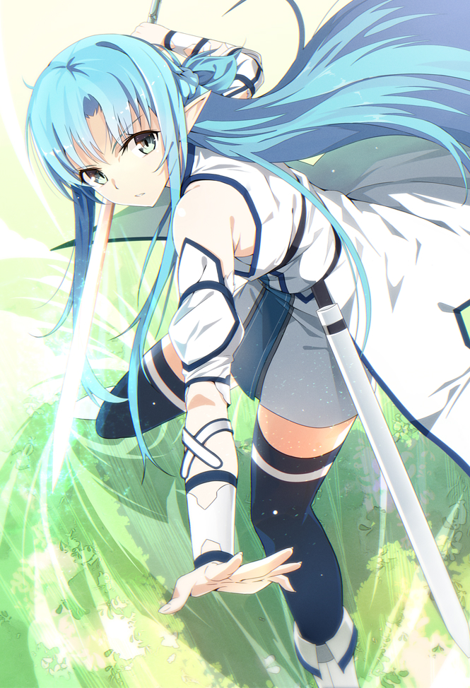 1girl asuna_(sao-alo) bangs black_legwear blue_eyes blue_hair day detached_sleeves dress eyebrows_visible_through_hair floating_hair holding holding_sword holding_weapon long_hair machimura_komori outdoors parted_lips pointy_ears sheath short_dress solo stance standing sword sword_art_online thigh-highs very_long_hair weapon white_dress zettai_ryouiki