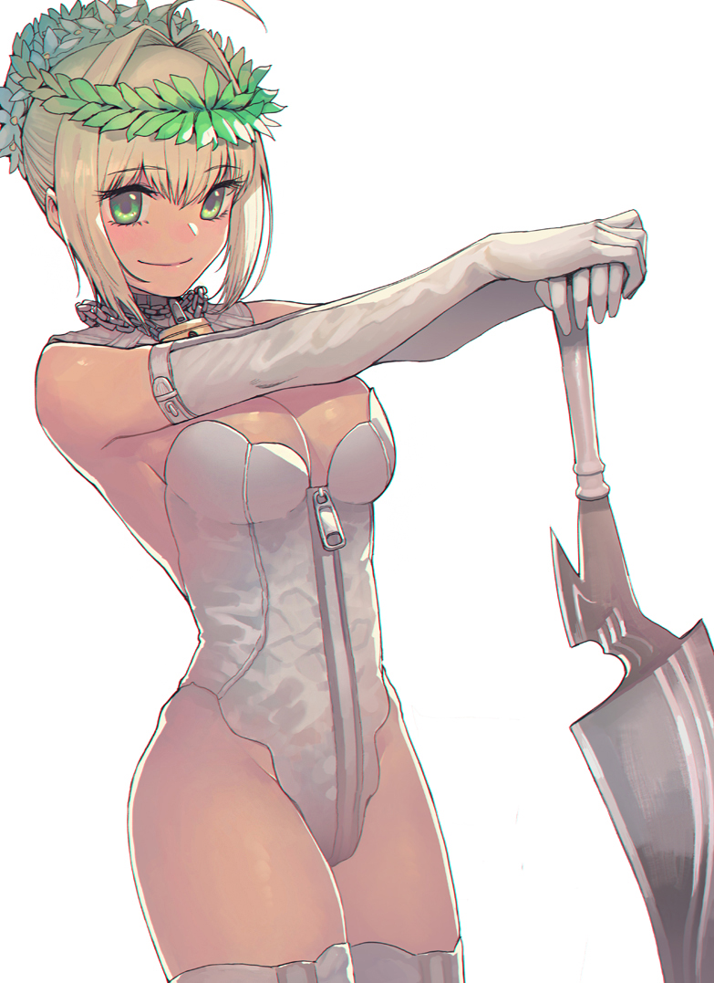 1girl aestus_estus ahoge bare_shoulders blonde_hair breasts cleavage closed_mouth elbow_gloves eyebrows_visible_through_hair fate/extra fate/extra_ccc fate_(series) full-length_zipper gloves green_eyes holding holding_sword holding_weapon laurel_crown leotard lock looking_at_viewer medium_breasts nero_claudius_(bride)_(fate) nero_claudius_(fate)_(all) padlock padlocked_collar short_hair simple_background smile solo standing strapless strapless_leotard sungwon sword thigh-highs weapon white_background white_gloves white_legwear white_leotard zipper