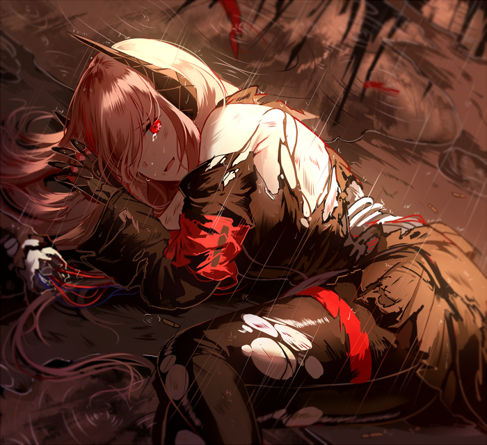 1girl armband bangs black_legwear breasts damaged deep_wound eyebrows_visible_through_hair girls_frontline gloves hair_between_eyes headgear injury jacket long_hair looking_at_viewer lying m4_sopmod_ii_(girls_frontline) medium_breasts multicolored_hair on_side open_mouth pantyhose pink_hair prosthesis prosthetic_arm puddle rain red_eyes redhead reflection severed_limb silence_girl smile solo streaked_hair tearing_up torn_clothes torn_pantyhose