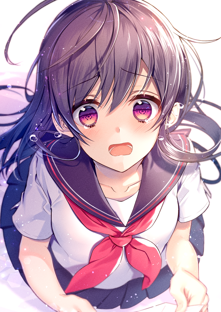 1girl bangs black_hair blush chano_hinano collarbone commentary_request confession crying eyebrows_visible_through_hair holding long_hair looking_at_viewer neckerchief open_mouth original pleated_skirt red_neckwear school_uniform serafuku short_sleeves skirt solo violet_eyes