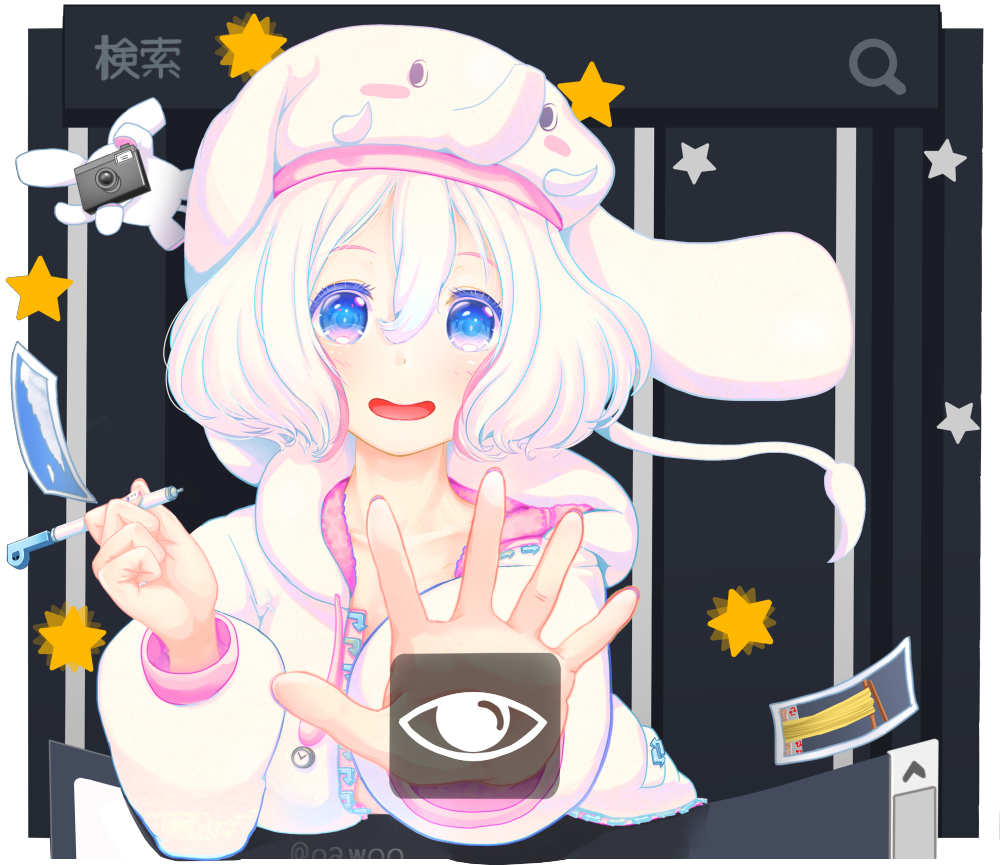 1girl abo_(kawatasyunnnosukesabu) animal_hat blue_eyes blush_stickers camera commentary_request drawstring elephant elephant_hat eyes hair_between_eyes hat holding holding_pen hood hood_down hooded_jacket jacket long_sleeves open_mouth outstretched_hand pawoo pawoo-chan pen personification photo_(object) search_bar short_hair smile solo star taking_picture white_hair white_hat white_jacket
