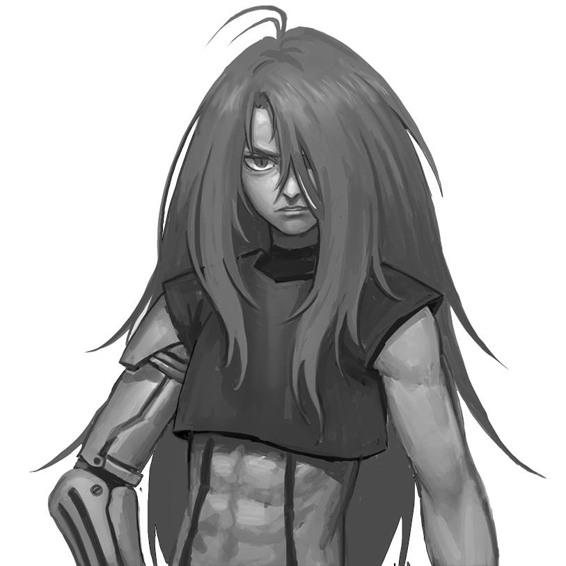 1boy abs automail fullmetal_alchemist hair_over_one_eye homunculus long_hair midriff monochrome parted_lips prosthesis prosthetic_arm rough short_sleeves simple_background slit_pupil solo white_background wrath