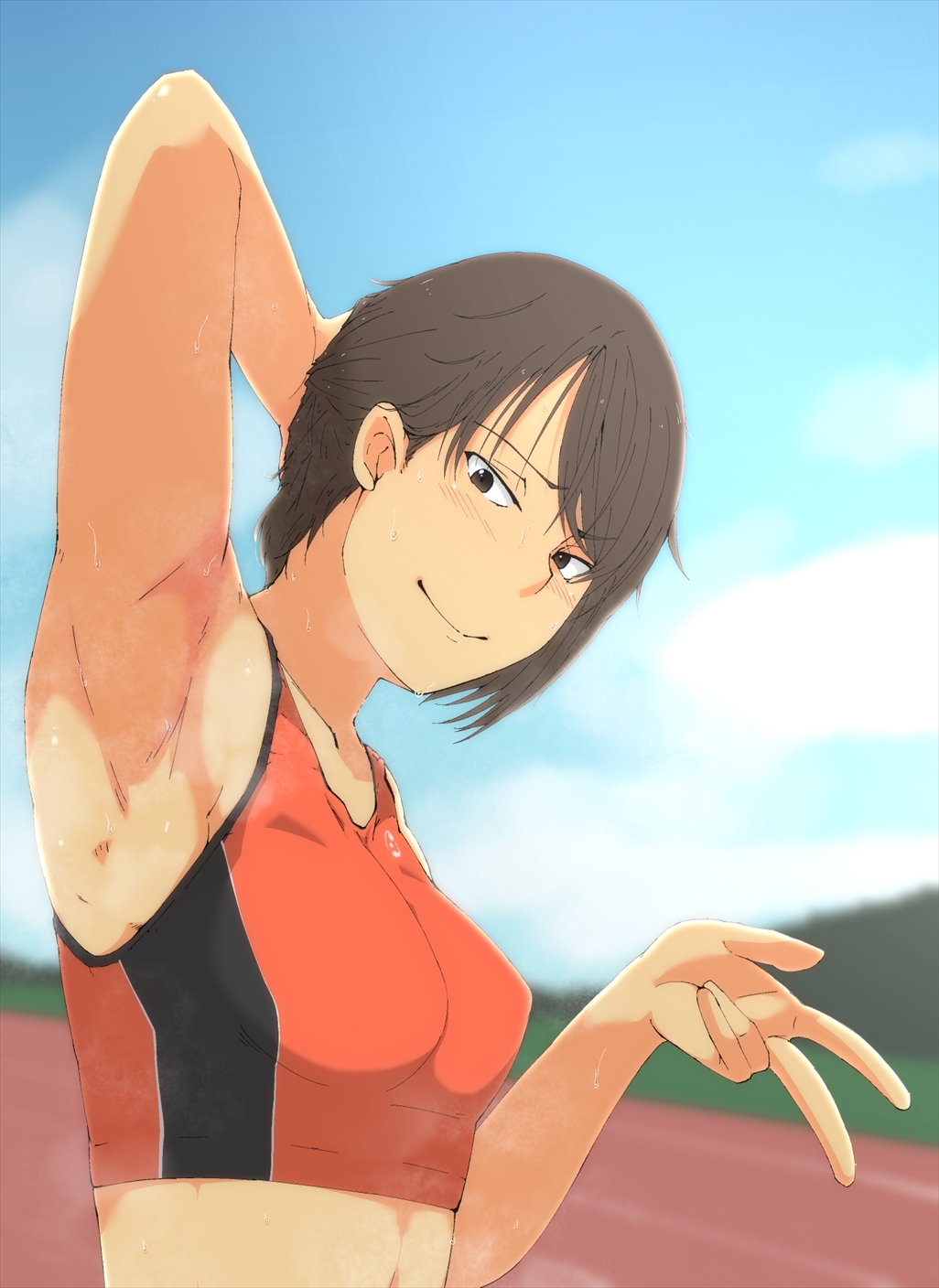 1girl arm_up armpits bare_arms bare_shoulders black_eyes black_hair blue_sky blurry blurry_background blush breasts closed_mouth clouds collarbone day eyebrows_visible_through_hair hand_behind_head hand_on_head highres medium_breasts midriff milele original outdoors short_hair sky smile solo sports_bra sweat track_and_field upper_body