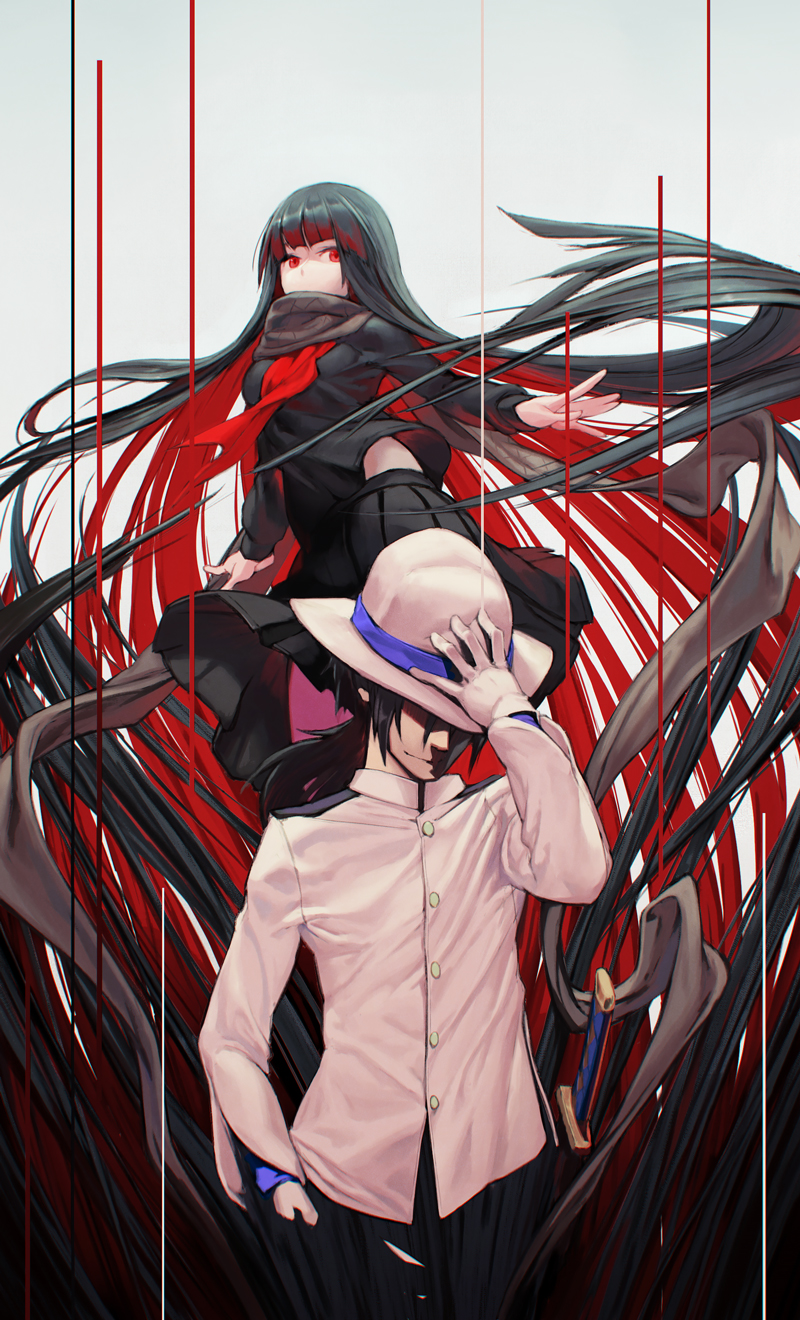 1boy 1girl absurdly_long_hair arm_up bangs black_hair black_scarf black_shirt black_skirt buttons closed_mouth commentary eyebrows_visible_through_hair fate_(series) flying gloves gradient_hair grey_background hand_in_pocket hand_on_headwear hat highres jacket katana koha-ace long_hair long_sleeves looking_at_viewer low_ponytail multicolored_hair neckerchief oryuu_(fate) pale_skin pleated_skirt ponytail red_eyes red_legwear red_neckwear redhead rotix sakamoto_ryouma_(fate) scabbard scarf shaded_face sheath sheathed shirt simple_background skirt smile standing sword two-tone_hair very_long_hair weapon white_gloves white_hat white_jacket