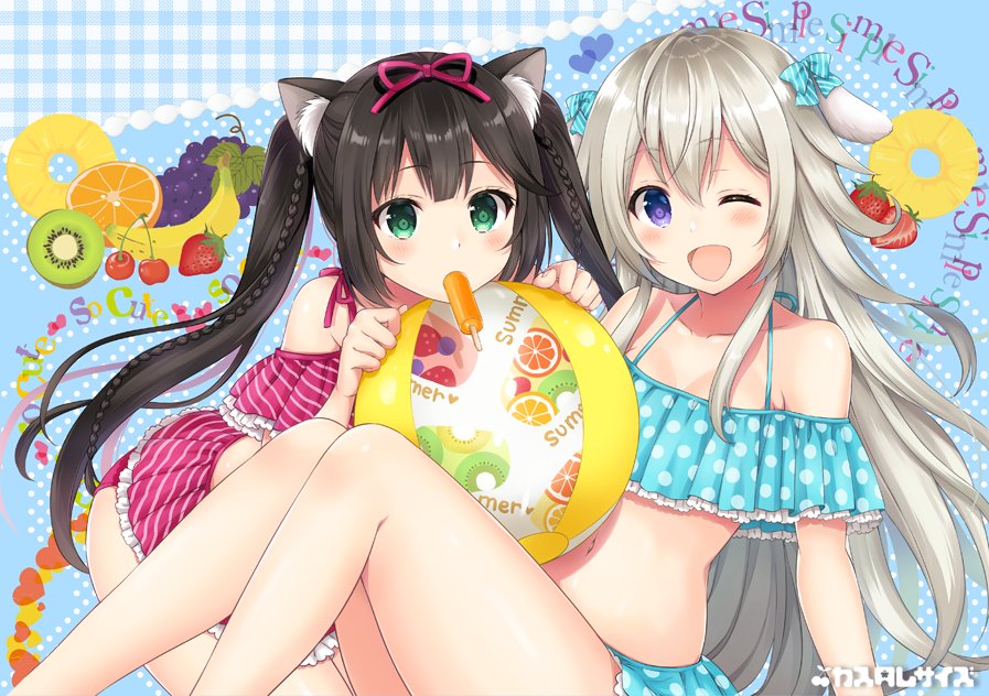 2girls ;d animal_ears ball banana bangs beachball bikini bikini_skirt black_hair blue_background blue_bikini blue_bow blunt_bangs bow cat_ears cherry circle_name dog_ears ear_ribbon eyebrows_visible_through_hair food frills fruit grapes green_eyes grey_hair hair_ribbon halterneck kiwi_slice long_hair midriff mouth_hold multiple_girls navel one_eye_closed open_mouth orange orange_slice original pineapple_slice pink_bikini pink_ribbon polka_dot polka_dot_bikini popsicle ribbon sakurai_makoto_(custom_size) side_braids sitting smile strawberry striped striped_bikini striped_bow swimsuit twintails very_long_hair violet_eyes