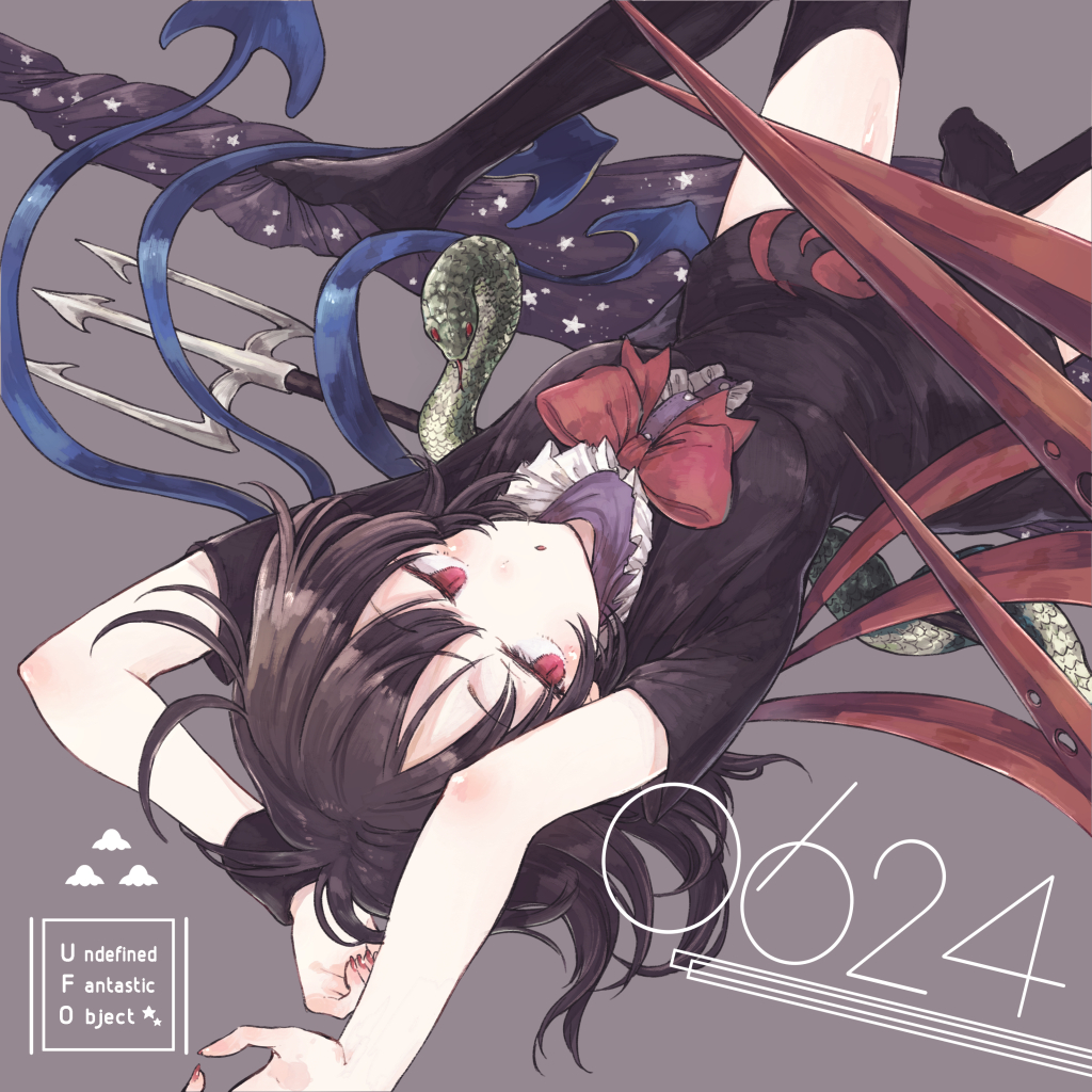 1girl arms_up asymmetrical_wings black_dress black_hair black_legwear blue_wings bow bowtie breasts commentary_request copyright_name dress eyebrows_visible_through_hair grey_background hisona_(suaritesumi) houjuu_nue looking_at_viewer no_shoes parted_lips polearm red_bow red_eyes red_neckwear red_wings short_dress short_hair short_sleeves simple_background small_breasts snake solo thigh-highs touhou trident ufo_day upside-down weapon wings wristband zettai_ryouiki