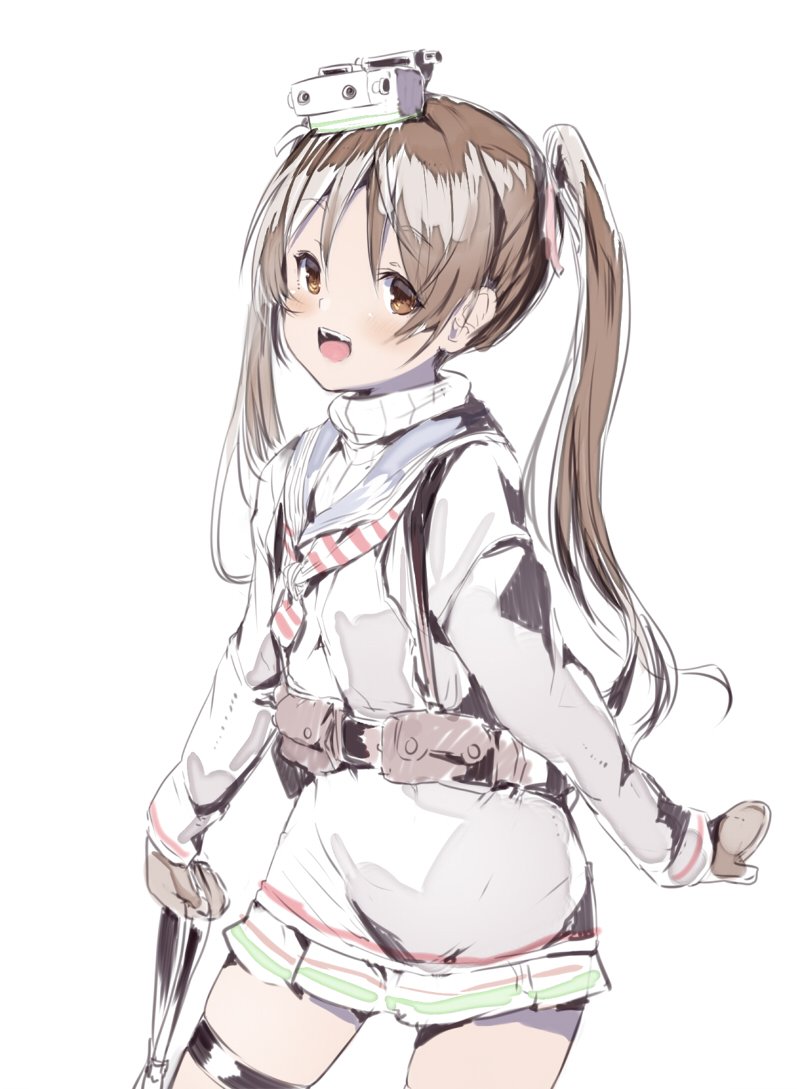 1girl :d adapted_costume blush brown_eyes brown_hair commentary dress kantai_collection libeccio_(kantai_collection) mittens open_mouth ribbed_sweater sailor_dress simple_background smile solo sumisu_(mondo) sweater teeth thigh_strap turtleneck turtleneck_sweater white_background winter_clothes