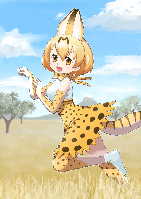1girl :d animal_ears bangs bare_shoulders blue_sky blush bob_cut bow bowtie breasts brown_hair clouds cloudy_sky commentary_request cross-laced_clothes day elbow_gloves eyebrows_visible_through_hair from_side gloves hair_between_eyes hands_up high-waist_skirt horizon itsukiasa kemono_friends large_breasts looking_at_viewer looking_to_the_side multicolored_hair nature open_mouth orange_eyes orange_gloves orange_hair orange_legwear orange_neckwear orange_skirt outdoors parted_bangs paw_pose print_gloves print_legwear print_neckwear print_skirt raised_eyebrows running savannah serval_(kemono_friends) serval_ears serval_girl serval_print serval_tail shirt short_hair skirt sky sleeveless sleeveless_shirt smile solo tail thigh-highs tree two-tone_hair white_footwear white_shirt