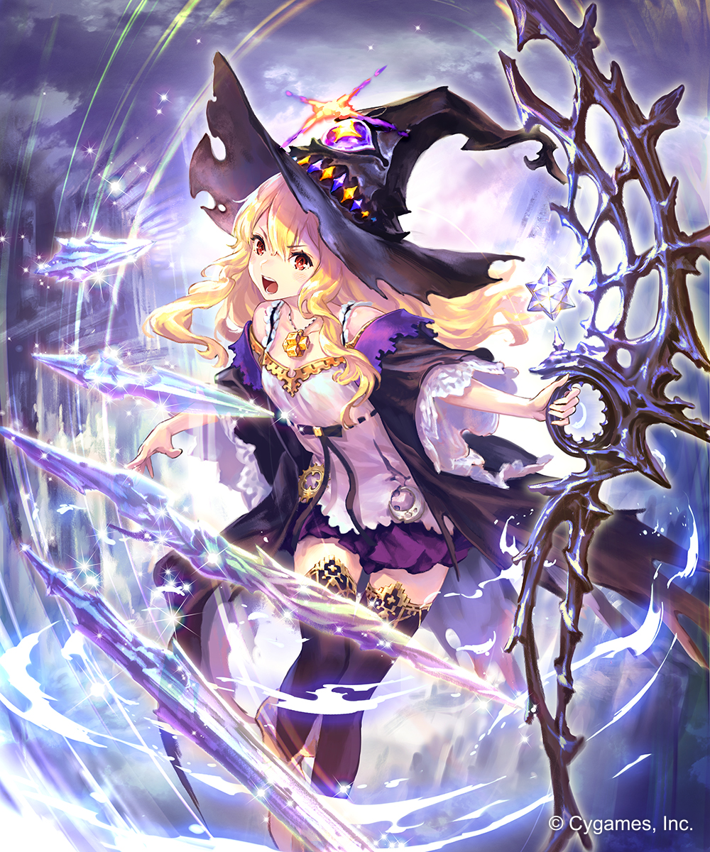 1girl black_hat black_legwear blonde_hair bow_(weapon) dorothy_(shingeki_no_bahamut) eyebrows_visible_through_hair floating_hair hair_between_eyes hat highres hisakata_souji holding holding_bow_(weapon) holding_weapon long_hair miniskirt pleated_skirt purple_skirt red_eyes shingeki_no_bahamut shirt skirt solo thigh-highs very_long_hair weapon white_shirt witch_hat zettai_ryouiki