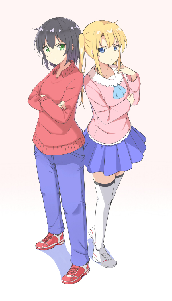 2girls black_hair blonde_hair blue_eyes blue_pants blue_skirt borrowed_character collared_shirt commission full_body gradient gradient_background green_eyes multiple_girls original pants pink_background red_footwear red_shirt shirt short_hair skirt standing thigh-highs twintails v-shaped_eyebrows white_footwear white_legwear yoshiiaki zettai_ryouiki