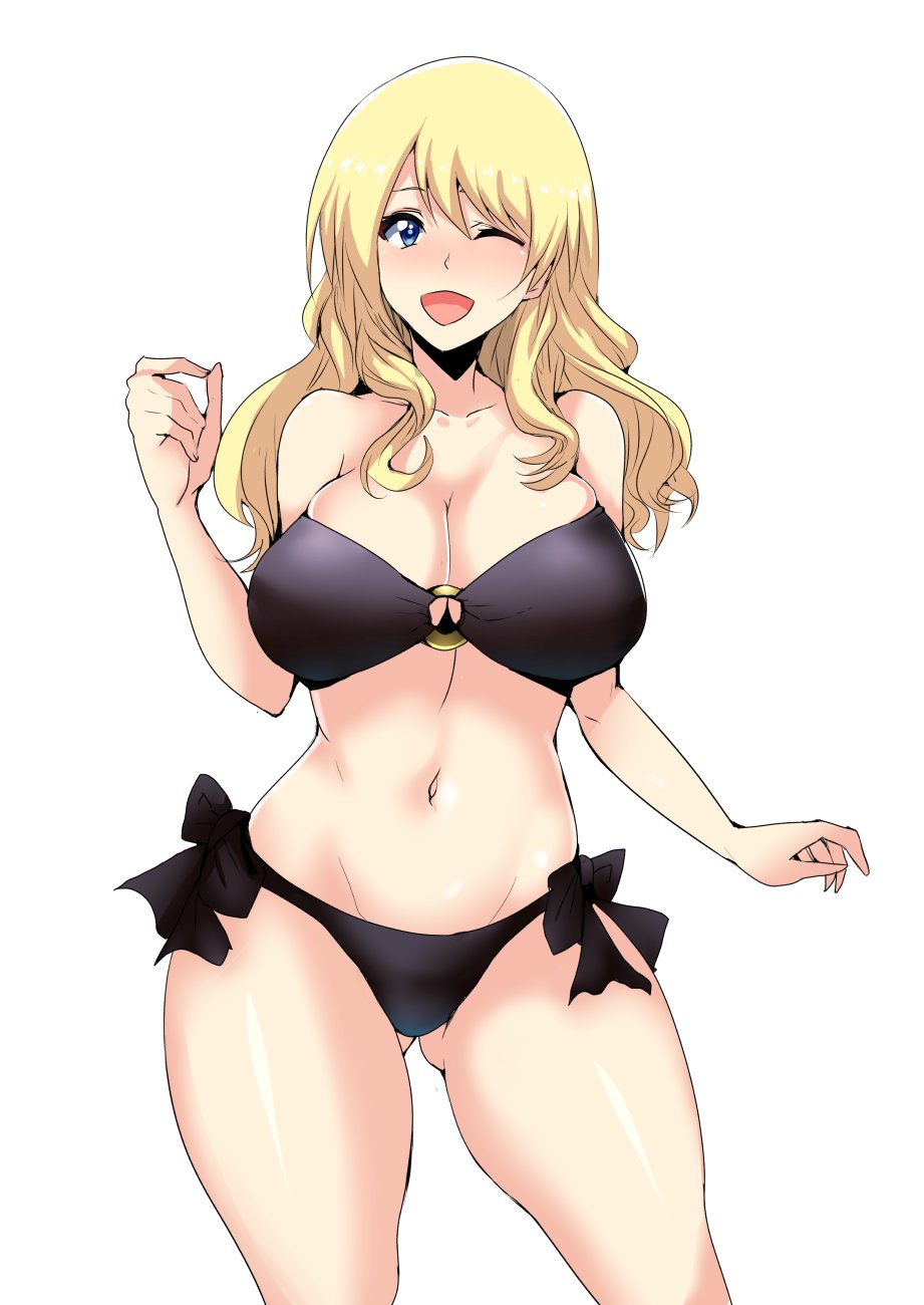 1girl ;d alternate_hairstyle bangs bikini black_bikini blonde_hair blue_eyes breasts cleavage commentary_request cowboy_shot darjeeling girls_und_panzer hair_down highres koujun_(mugenzero) large_breasts long_hair looking_at_viewer navel o-ring o-ring_top one_eye_closed open_mouth side-tie_bikini simple_background smile solo standing strapless strapless_bikini swimsuit white_background
