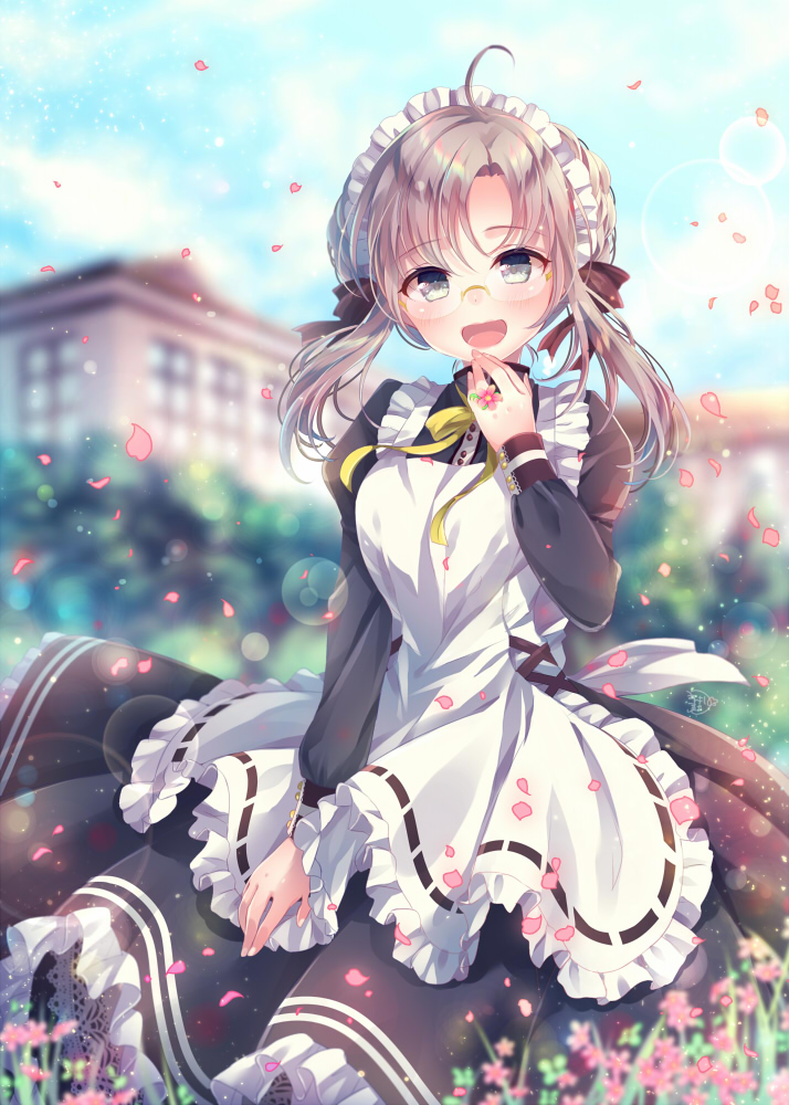 1girl :d ahoge apron bangs black_eyes black_ribbon blurry blurry_background bokeh building commentary_request day depth_of_field dress flower_ring frilled_apron frills glasses grey_hair hand_to_own_mouth jewelry lens_flare long_sleeves looking_at_viewer maid maid_headdress neck_ribbon nemuri_nemu open_mouth original petals ribbon rimless_eyewear ring smile solo twintails white_apron yellow_neckwear