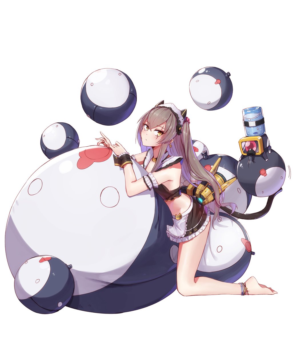 1girl alternate_costume anklet arm_garter bangs barefoot blush breasts brown_hair closed_mouth crop_top crossed_bangs detached_collar dinergate_(girls_frontline) earrings enmaided eyebrows_visible_through_hair girls_frontline hair_between_eyes hair_ornament highres jewelry kneeling leaning_on_object long_hair looking_at_viewer maid maid_headdress one_side_up ranyu scar scar_across_eye simple_background small_breasts thighs ump45_(girls_frontline) white_background wrist_cuffs yellow_eyes