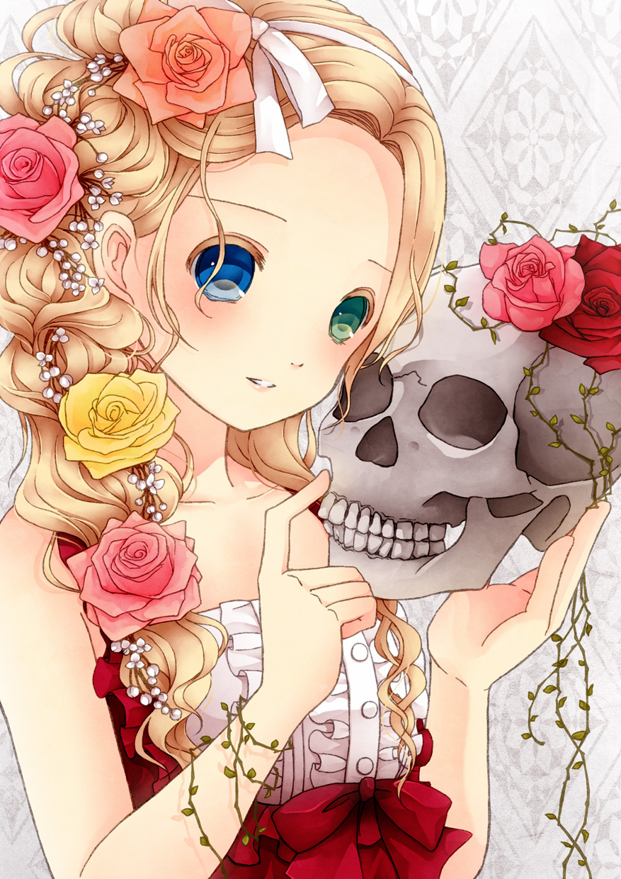 1girl aqua_eyes blonde_hair blue_eyes braid center_frills collarbone commentary_request flower hair_flower hair_ornament hair_over_shoulder hair_vines hairband heterochromia highres holding_skull looking_at_viewer no_bangs original parted_lips pink_flower pink_rose plant pointing red_flower red_rose ribbon rose sleeveless solo taira_shinki upper_body vines white_hairband white_ribbon yellow_flower yellow_rose