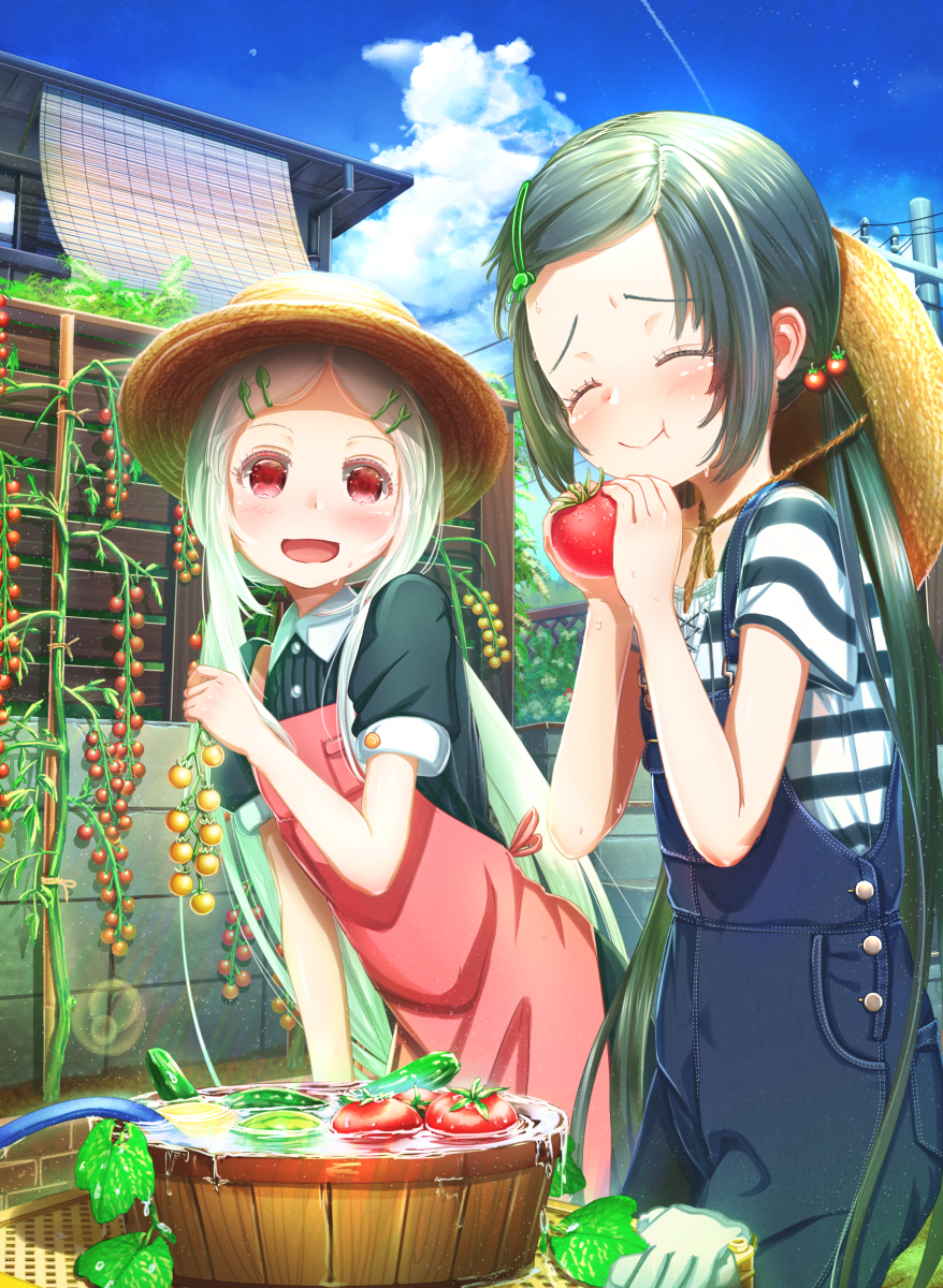 2girls :d :t ^_^ abo_(kawatasyunnnosukesabu) apron black_hair blush bucket closed_eyes clouds collared_shirt commentary_request condensation_trail cucumber day garden gloves gloves_removed hair_ornament hairpin hat highres holding_vegetable hose lens_flare long_hair multiple_girls no_bangs open_mouth original outdoors overalls pink_apron plant power_lines red_eyes shirt short_sleeves smile straw_hat striped striped_shirt tomato tomato_hair_ornament twintails very_long_hair white_gloves white_hair wooden_bucket