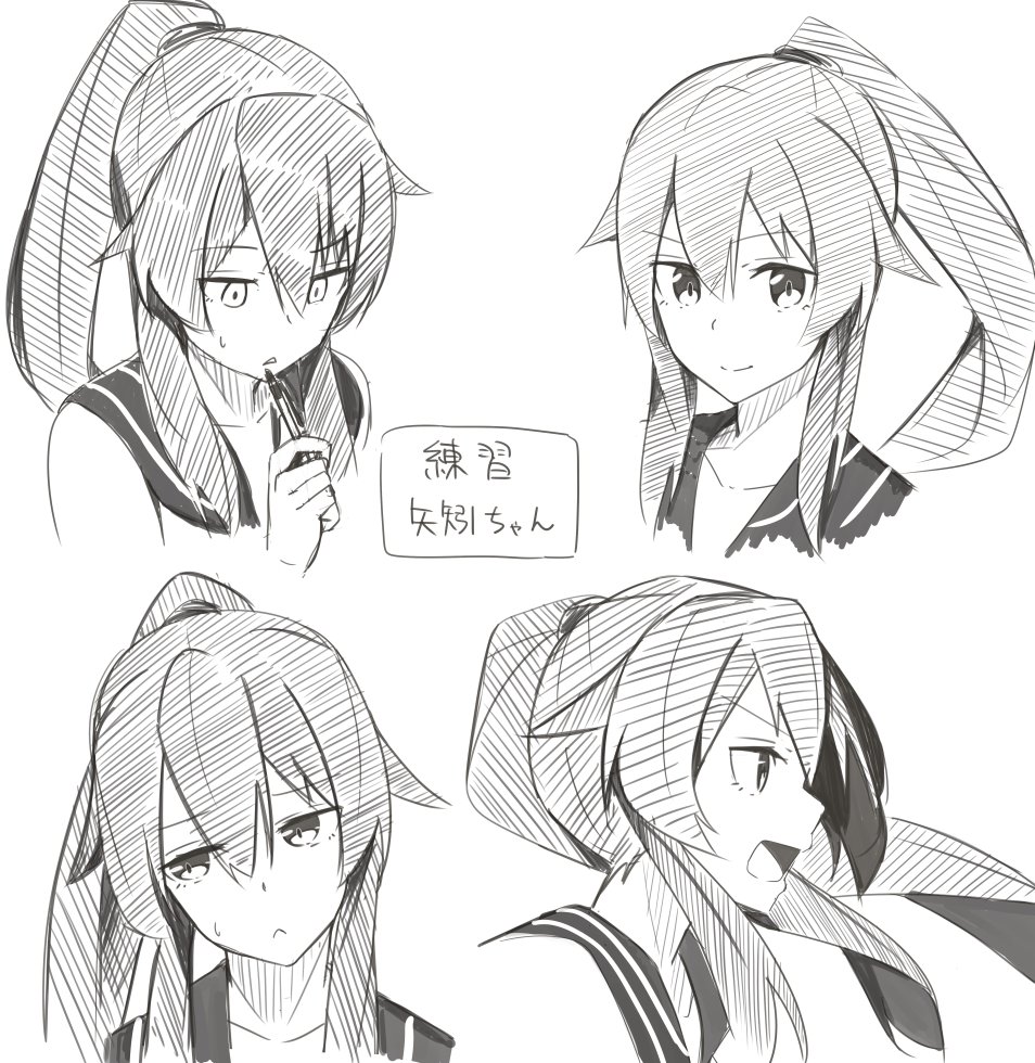 &gt;:) 1girl :&lt; animal_ears commentary_request face greyscale head_tilt kantai_collection long_hair looking_at_viewer looking_away monochrome multiple_views negahami open_mouth pen_to_mouth ponytail simple_background translation_request white_background yahagi_(kantai_collection)