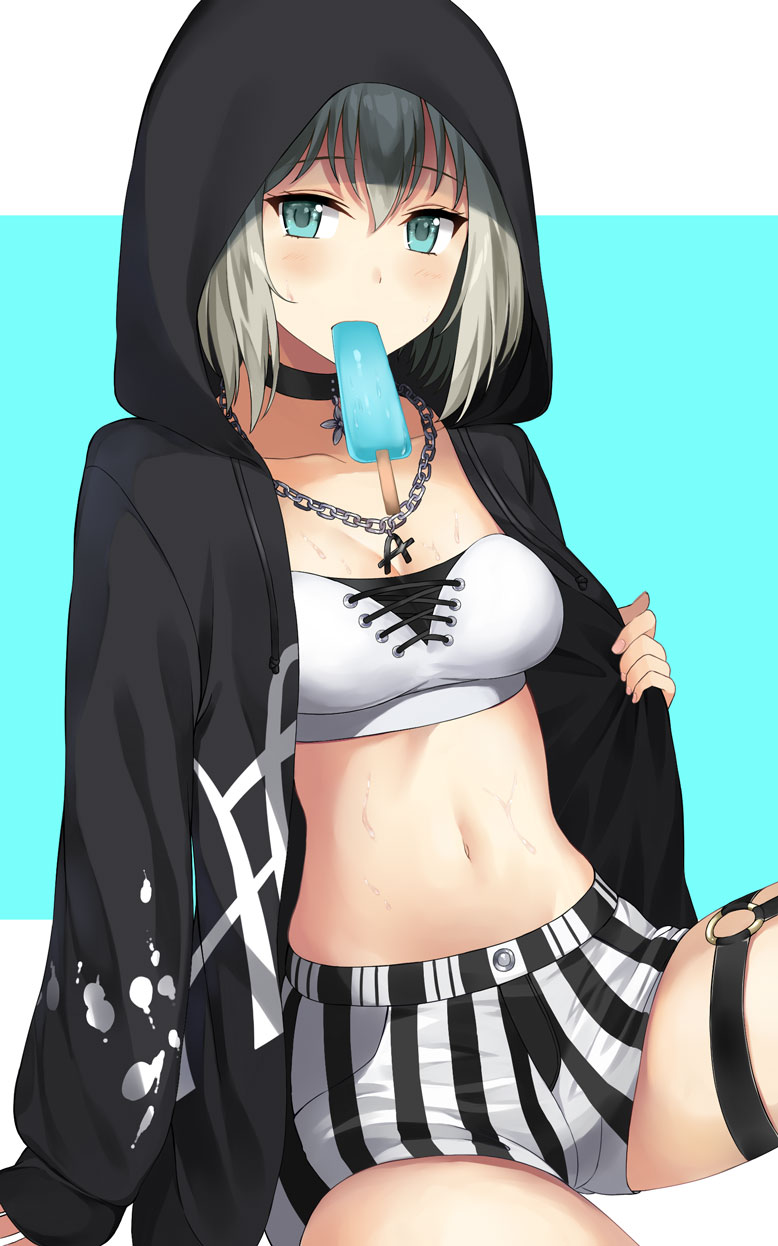 1girl aoba_moka asato_(fadeless) bang_dream! bangs black_choker black_jacket blue_eyes bra chain_necklace choker commentary_request food grey_hair highres hood hood_up hooded_jacket jacket jewelry long_sleeves looking_at_viewer mouth_hold o-ring paint_stains pendant popsicle shorts sitting solo splatter_print striped striped_shorts thigh_strap underwear vertical-striped_shorts vertical_stripes white_bra