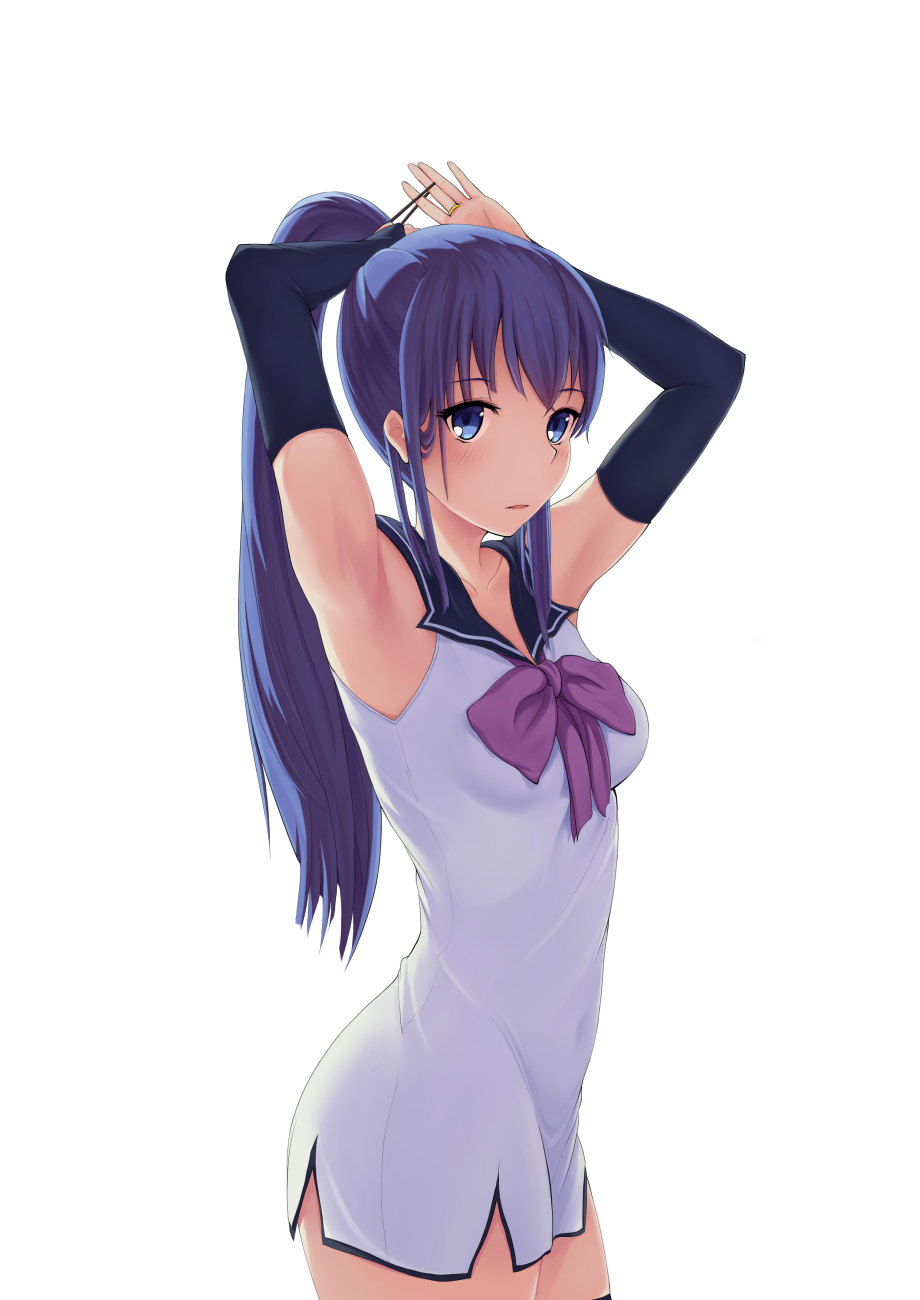 1girl alternate_hairstyle armpits arms_up black_bridal_gauntlets blue_eyes blue_hair bow bowtie breasts bridal_gauntlets collarbone cowboy_shot detached_sleeves dress female from_side gokukoku_no_brynhildr highres kuroha_neko long_hair looking_at_viewer medium_breasts neck parted_lips ponytail purple_bow short_dress shouye_ying simple_background sleeveless sleeveless_dress solo standing tying_hair very_long_hair white_background white_dress