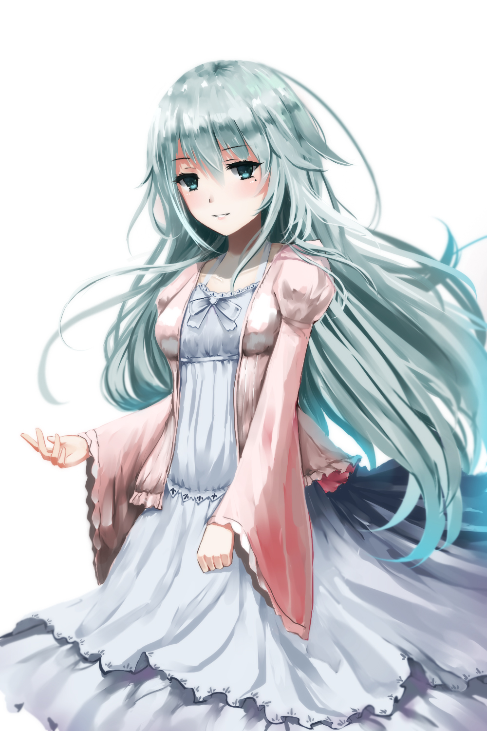 1girl bangs blue_hair cowboy_shot dress eyebrows_visible_through_hair floating_hair green_eyes grey_dress hair_between_eyes highres long_hair looking_at_viewer mole mole_under_eye original parted_lips poet simple_background sketch solo standing sundress very_long_hair white_background