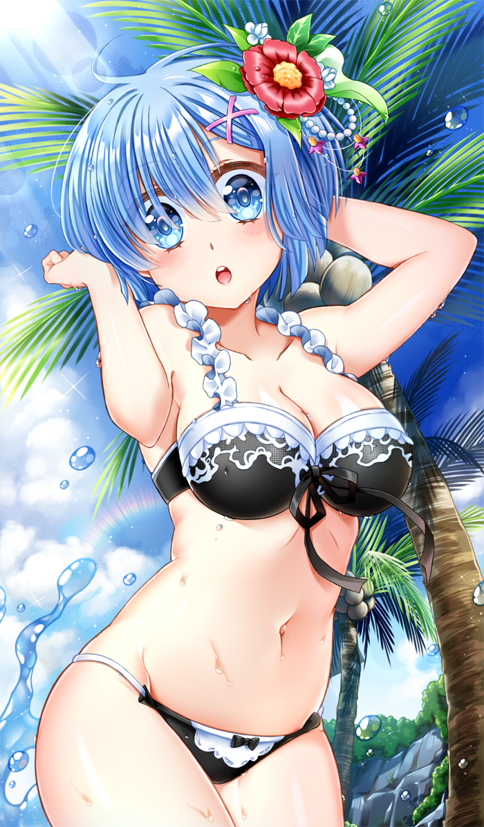 1girl arms_behind_head bikini black_bikini blue_eyes blue_hair blue_sky breasts cleavage clouds coconut cowboy_shot day flower frilled_bikini frills hago hair_flower hair_ornament hair_over_one_eye large_breasts looking_at_viewer open_mouth outdoors palm_tree re:zero_kara_hajimeru_isekai_seikatsu rem_(re:zero) short_hair sky solo swimsuit tree x_hair_ornament