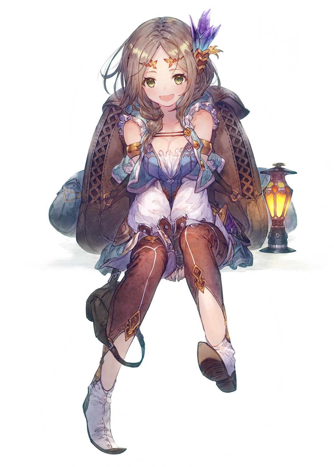 1girl armlet atelier_(series) atelier_firis backpack bag benitama boots braid brown_hair firis_mistlud frills gloves green_eyes hair_ornament highres jewelry knife lantern long_hair looking_at_viewer open_mouth simple_background skirt solo thigh-highs tiara weapon white_background