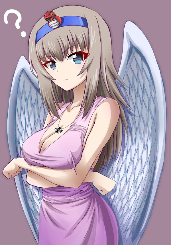 1girl ? angel_wings bangs blue_eyes blue_hairband breast_hold breasts cleavage clenched_hands closed_mouth commentary_request crossed_arms dress emblem eyebrows_visible_through_hair frown fujimaru_arikui girls_und_panzer grey_background hairband itsumi_erika jewelry kuromorimine_(emblem) long_hair looking_at_viewer medium_breasts necklace partial_commentary purple_dress silver_hair simple_background sleeveless sleeveless_dress solo standing white_wings wings