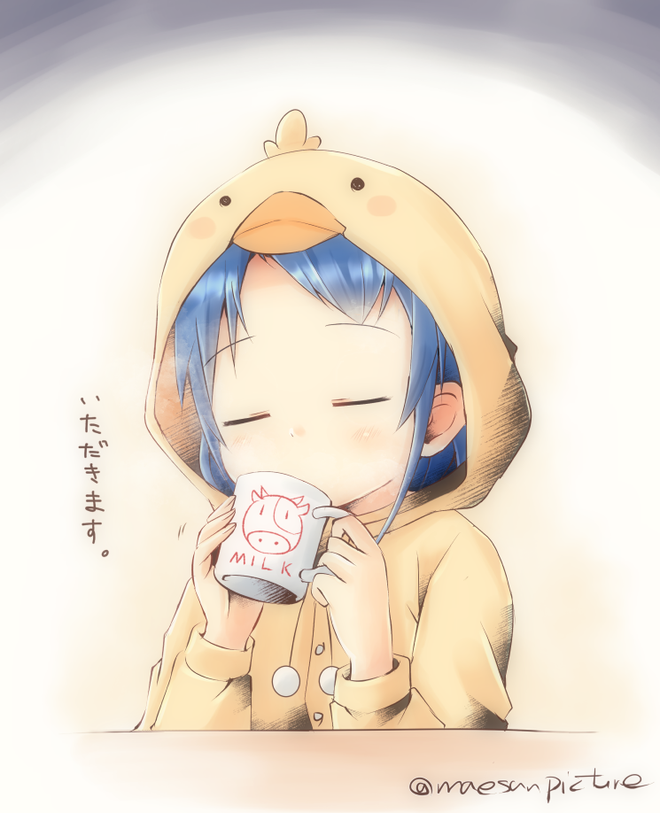 1girl 2hands1cup =_= alternate_costume animal_hood bangs blue_hair blush buttons closed_eyes cup drinking eyebrows_visible_through_hair holding holding_cup hood hood_up kantai_collection long_sleeves mae_(maesanpicture) mug pom_pom_(clothes) samidare_(kantai_collection) solo swept_bangs translated twitter_username upper_body