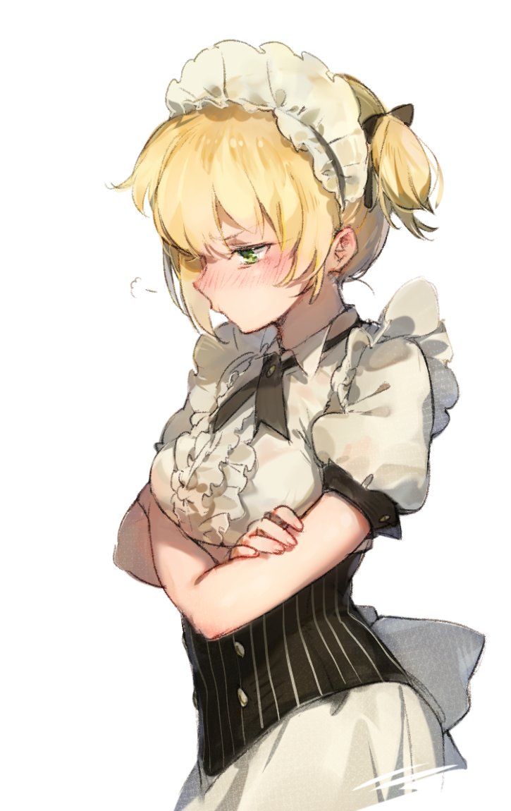 1girl :t alternate_costume bangs black_neckwear blonde_hair blouse blush braid breasts closed_mouth collared_blouse corset crossed_arms enmaided eyebrows_visible_through_hair frills girls_frontline green_eyes looking_down maid maid_headdress medium_breasts playing_games pout puffy_short_sleeves puffy_sleeves short_hair short_sleeves shuzi sidelocks simple_background skirt solo tsurime twintails upper_body welrod_mk2_(girls_frontline) white_background white_skirt