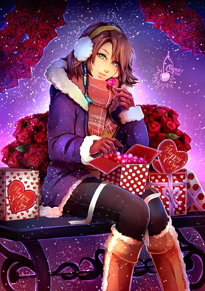 1girl artist_name black_pants blue_eyes brown_coat brown_footwear brown_gloves brown_hair cherry_in_the_sun coat earmuffs final_fantasy final_fantasy_x fur_trim gloves green_eyes head_tilt heterochromia holding looking_at_viewer open_clothes open_coat pants parted_lips red_scarf scarf short_hair sitting snowing solo yuna