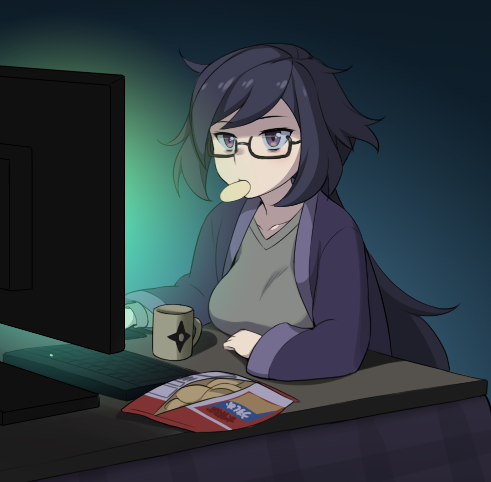 1girl ayame_(gundam_build_divers) bags_under_eyes bangs bespectacled black-framed_eyewear black_hair breast_rest breasts chips commentary_request computer cup food food_in_mouth glasses gundam gundam_build_divers honda_naoki jacket keyboard_(computer) large_breasts long_hair long_sleeves messy_hair monitor mouse_(computer) mug potato_chips semi-rimless_eyewear sitting solo table under-rim_eyewear violet_eyes