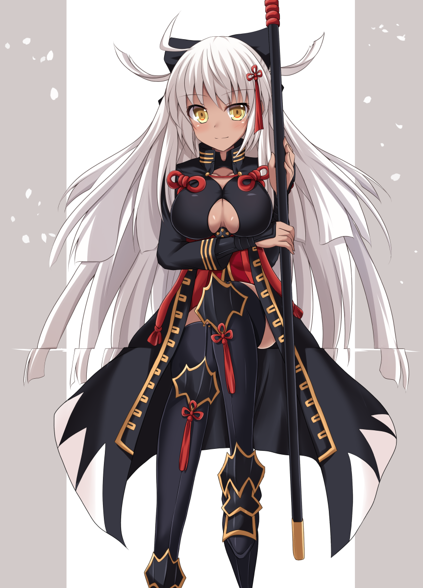 1girl ahoge black_legwear boots breasts cross_(crossryou) dark_skin eyebrows_visible_through_hair fate/grand_order fate_(series) hair_ornament high_collar highres large_breasts long_hair looking_at_viewer okita_souji_(fate) okita_souji_(fate)_(all) smile solo sword tassel thigh-highs thigh_boots tied_hair under_boob weapon white_hair yellow_eyes