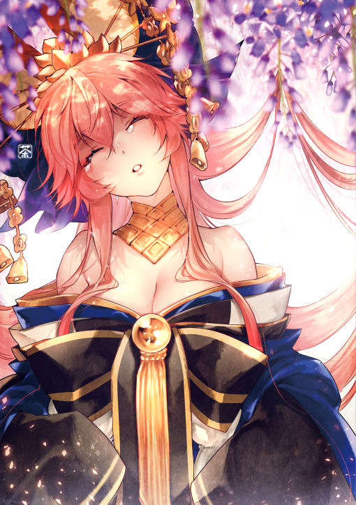 1girl animal_ears bell breasts cleavage closed_eyes collarbone fate/grand_order fate_(series) fox_ears fox_tail hair_ribbon japanese_clothes large_breasts looking_at_viewer multiple_girls off_shoulder pink_hair ribbon solo tail tamamo_(fate)_(all) tamamo_no_mae_(fate) tears yunomitootya