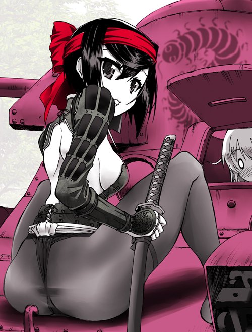 0_0 2girls ass blush bow breasts bug centipede commentary emblem from_behind fujimaru_arikui full_body fundoshi gauntlets girls_und_panzer girls_und_panzer_ribbon_no_musha hair_bow hairband holding holding_sword holding_weapon japanese_clothes katana looking_at_viewer looking_back matsukaze_rin medium_breasts multiple_girls open_mouth pantyhose partially_colored red_hairband short_hair sideboob sitting sword tsuruki_shizuka type_97_te-ke weapon