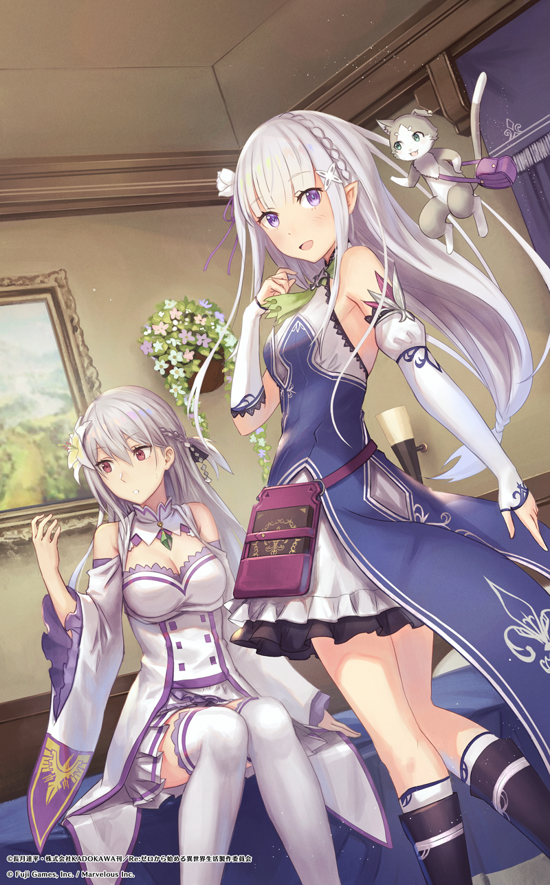 2girls anbe_yoshirou braid breasts character_request cleavage commentary_request crown_braid detached_sleeves dress elf emilia_(re:zero) flower french_braid frilled_dress frilled_sleeves frills gem hair_flower hair_ornament hair_ribbon highres indoors long_hair looking_at_viewer medium_breasts multiple_girls ordinal_strata pointy_ears puck_(re:zero) re:zero_kara_hajimeru_isekai_seikatsu red_eyes ribbon silver_hair violet_eyes white_flower white_legwear wide_sleeves x_hair_ornament