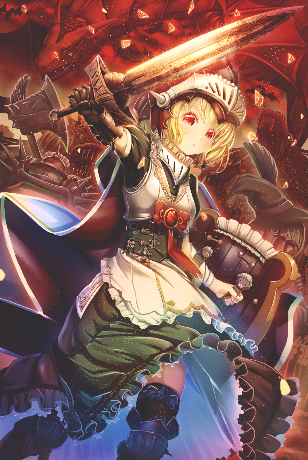 1girl 2others abo_(kawatasyunnnosukesabu) apron axe badge bangs black_hat blonde_hair bow breastplate brooch cape commentary_request dragon dress fantasy frilled_apron frilled_dress frills frown gauntlets green_dress hat highres holding holding_sword holding_weapon jewelry knight maid multiple_others original petticoat red_bow red_eyes sharp_teeth shield shoulder_spikes single_gauntlet solo_focus spiked_helmet spikes sword teeth thigh-highs waist_apron weapon white_apron witch_hat