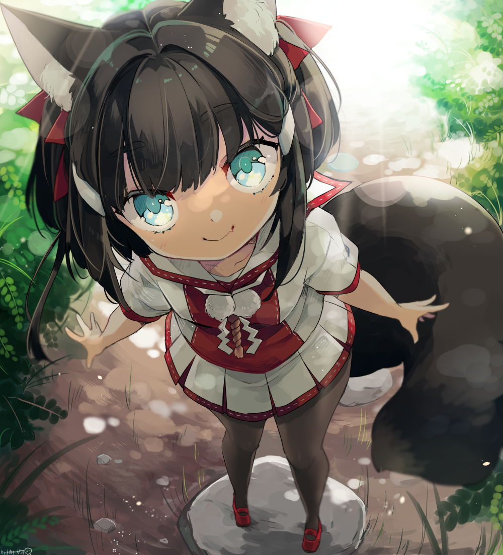 1girl animal_ears black_hair black_legwear blue_eyes dog_ears dog_tail from_above hair_ornament hairclip looking_up mary_janes original outdoors pantyhose ribbon river shirt shoes short_hair skirt smile solo stone tail water white_shirt white_skirt yuzuki_gao